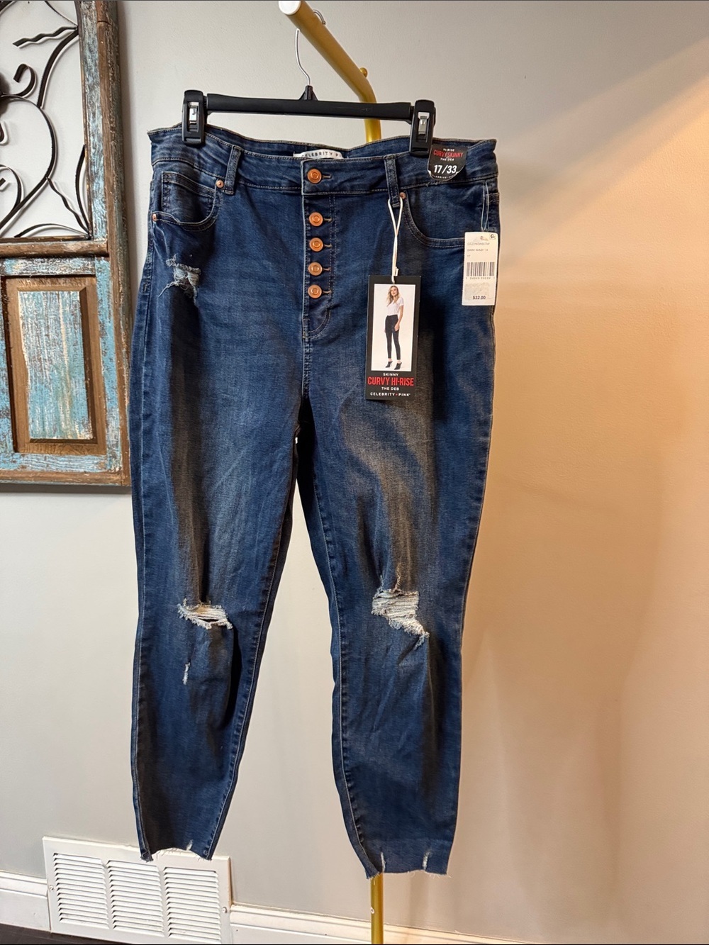 Celebrity Pink curvy hi rise Dark Blue Distressed ankle Button-Fly Jeans NEW